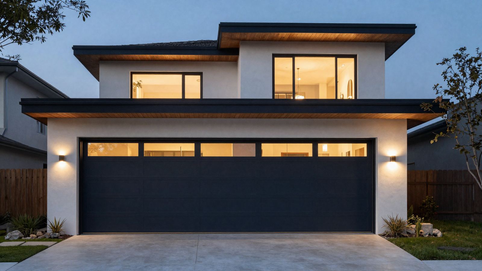 Modern home exterior at dusk with a sleek dark navy sectional garage door